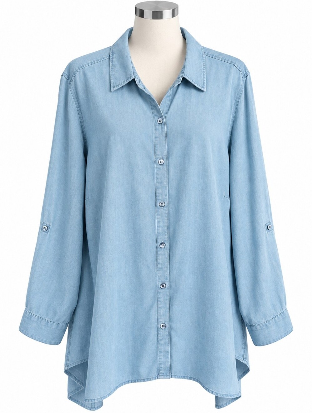 Zac & Rachel Tunic Shirt Womens 2X Blue Lyocell Chambray Roll Tab Sleeve NWOT